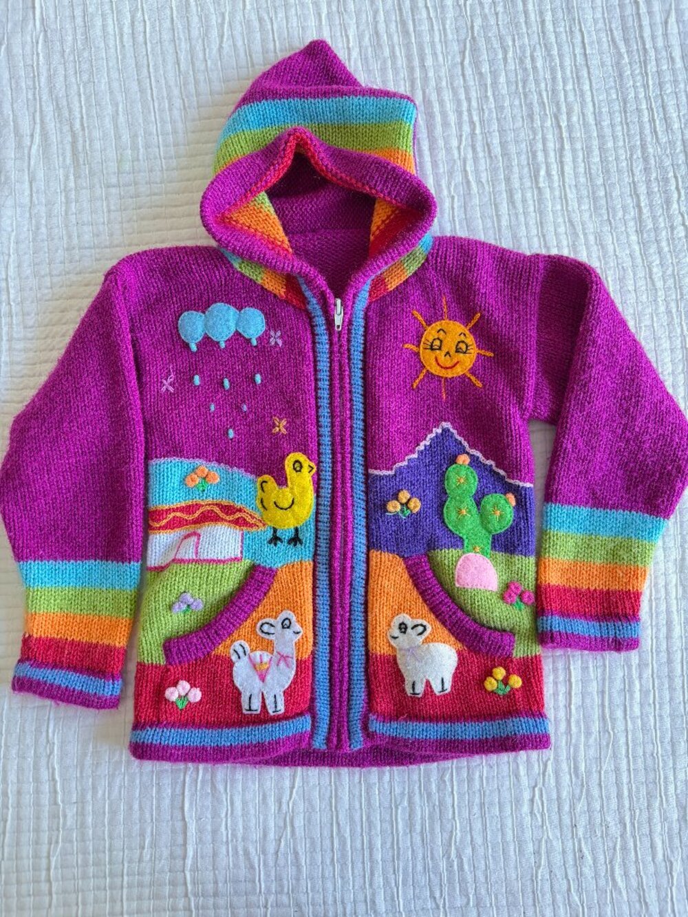 Shuk Arte Girls Sweater 6-7 Handmade Alpaca Wool Hooded Rainbow Llama Ecuador